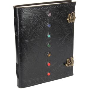 10x13" Black Leather Journal/Spell Book with 7 Chakra Gems & Pentagram Design 33x26cm